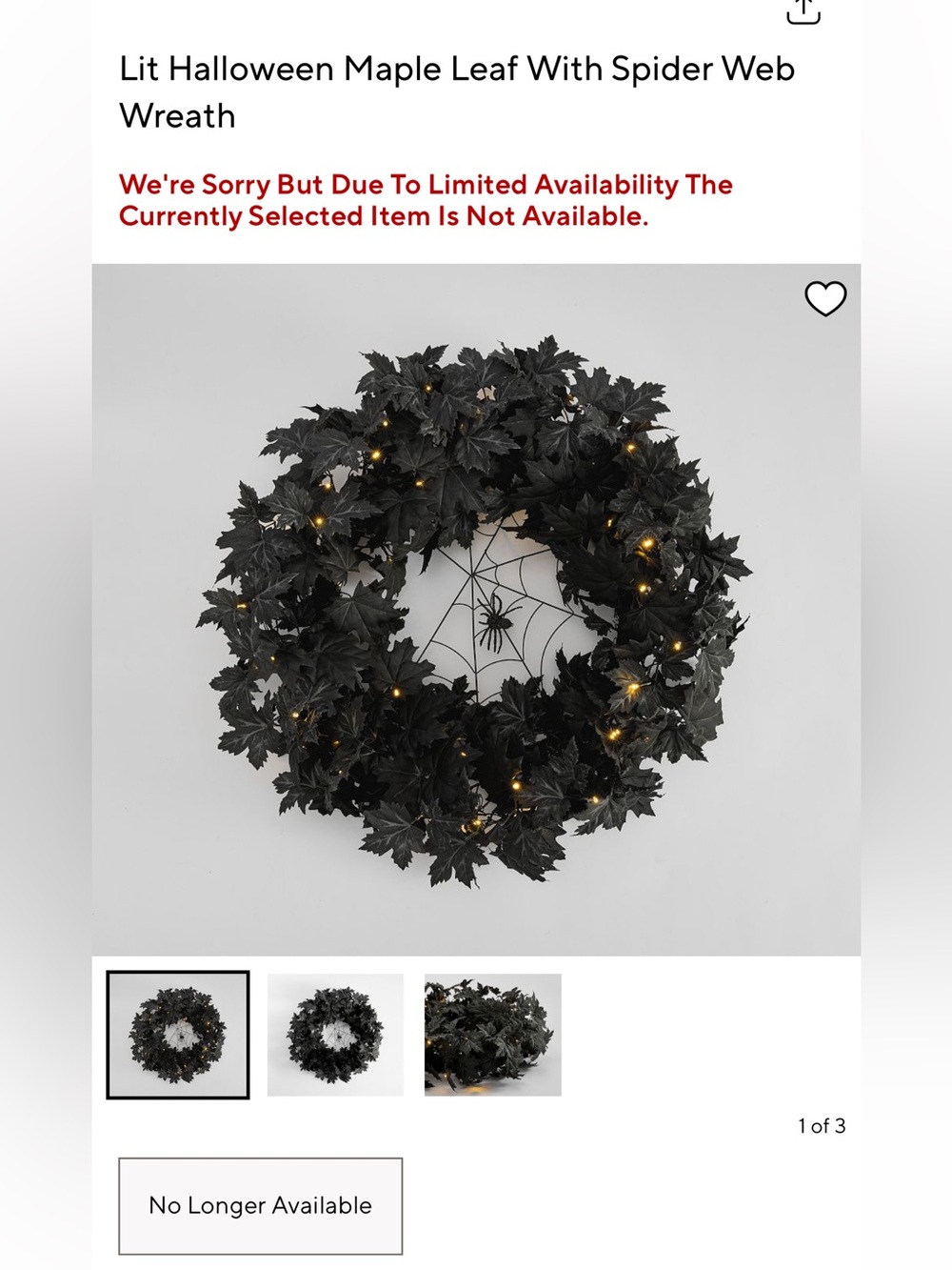 New Pottery Barn Lit Halloween Faux Maple Leaf w/ Spider Web Wreath, Black, 29”